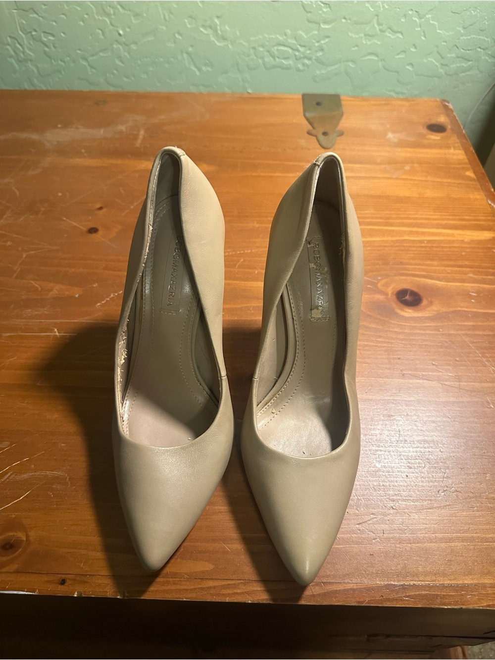 BCBGMaxAzria Taupe Pointed-Toe Leather Pumps